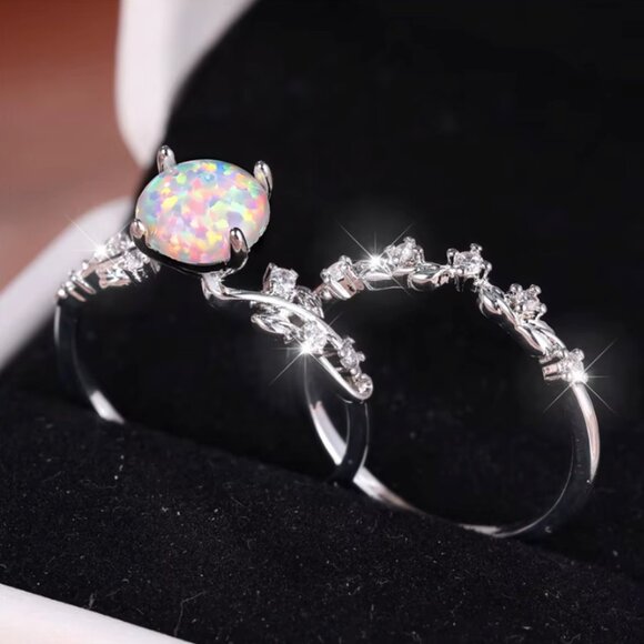 NEW 14k White Gold Opal Diamond Ring Band Set of 2 Rings - Picture 3 of 6